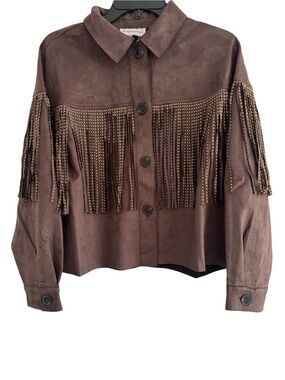NWT Melrose With Love Studded Fringe Faux Suede Western Jacket Brown Medium
